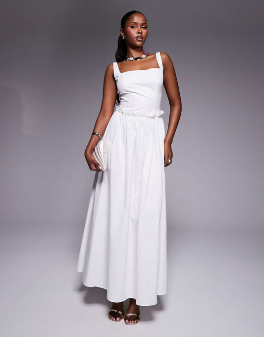 Kaiia exclusive poplin square neck ruffle waist maxi dress in white
