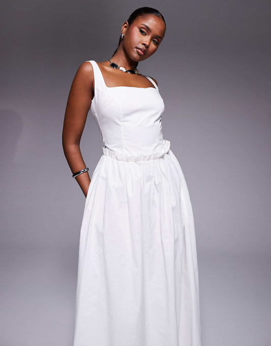 Kaiia exclusive poplin square neck ruffle waist maxi dress in white