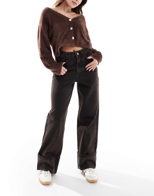 Threadbare wide leg turn up jeans in chocolate brown