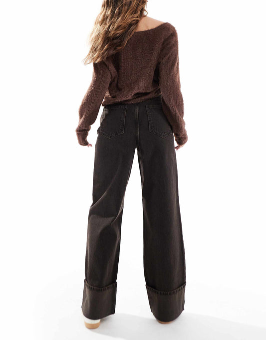 Threadbare wide leg turn up jeans in chocolate brown