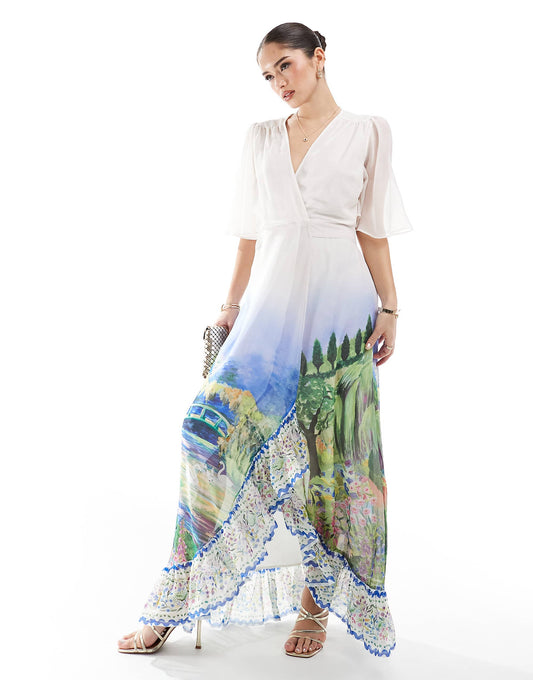 Hope & Ivy flutter sleeve maxi wrap dress with tie waist in white scenic print