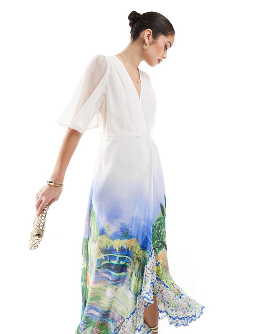 Hope & Ivy flutter sleeve maxi wrap dress with tie waist in white scenic print