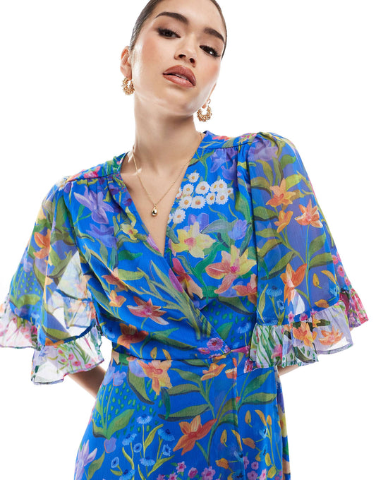 Hope & Ivy frill sleeve maxi wrap dress with tie waist in blue print