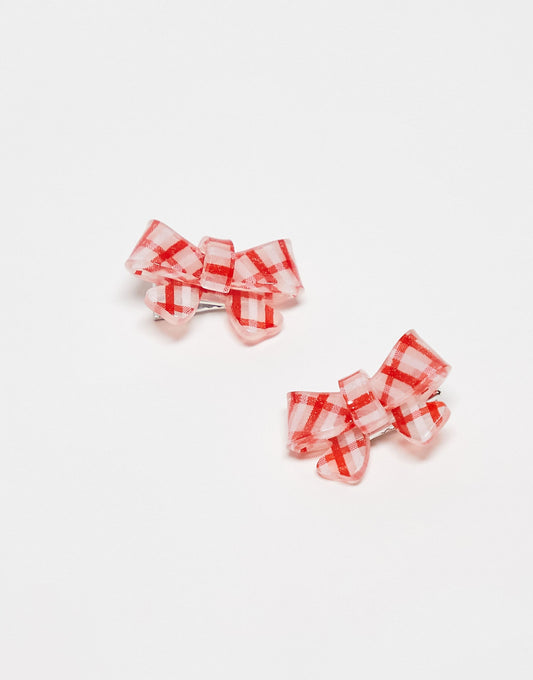 Glamorous pack of 2 mini gingham bow hair clips in red