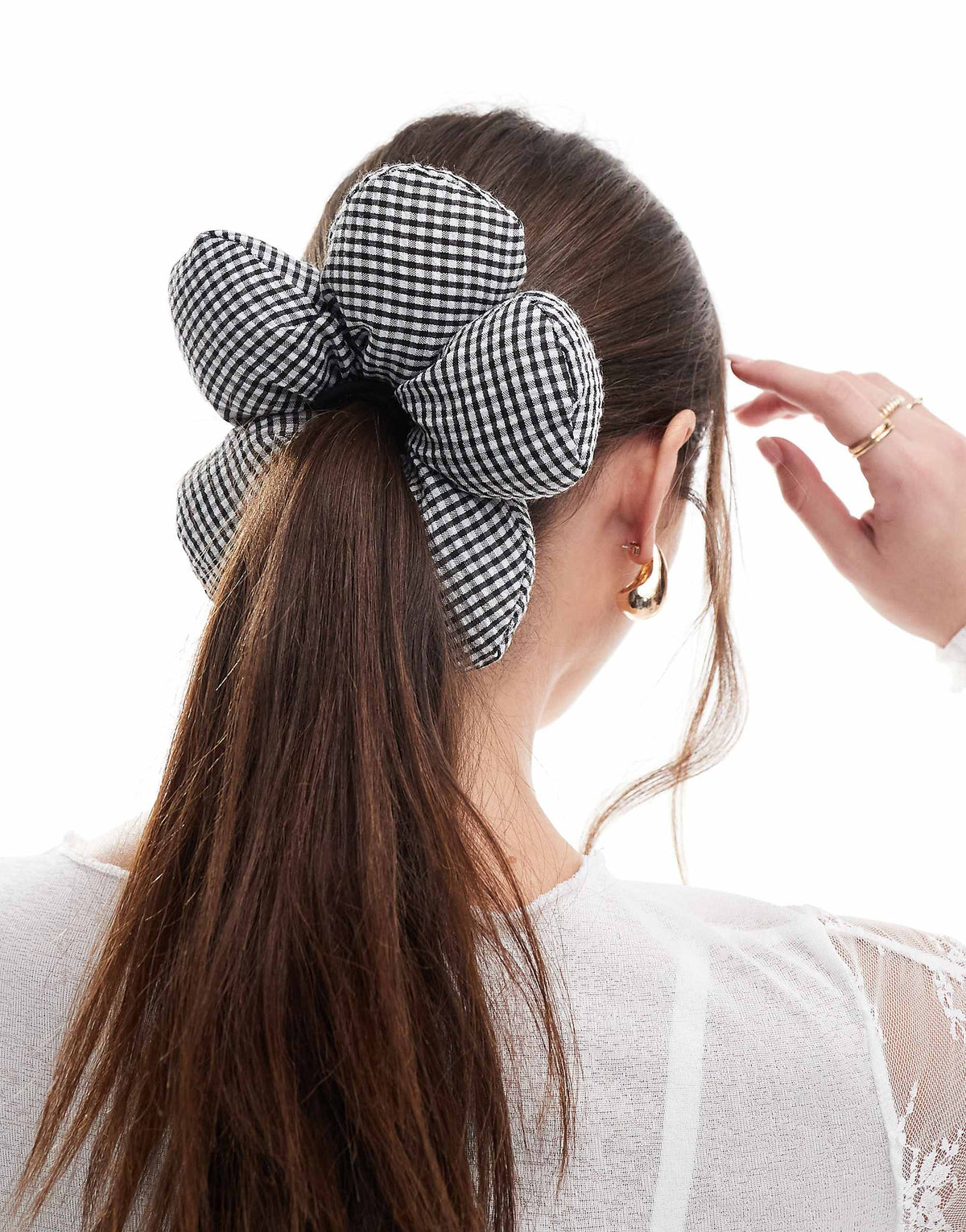 Glamorous flower hair scrunchie in black and white gingham