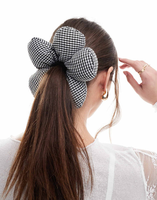 Glamorous flower hair scrunchie in black and white gingham