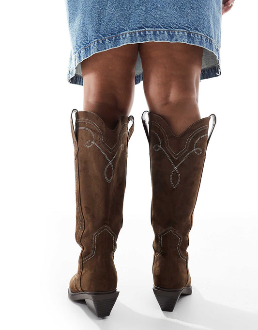 ASOS DESIGN Curve Celeste flat western knee boots in choc faux suede