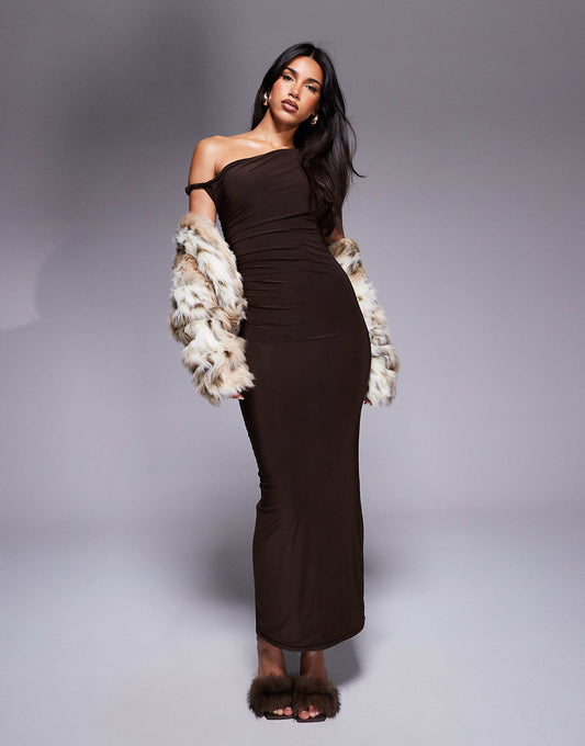 Kaiia exclusive slinky bodycon off shoulder twist strap maxi dress in chocolate brown