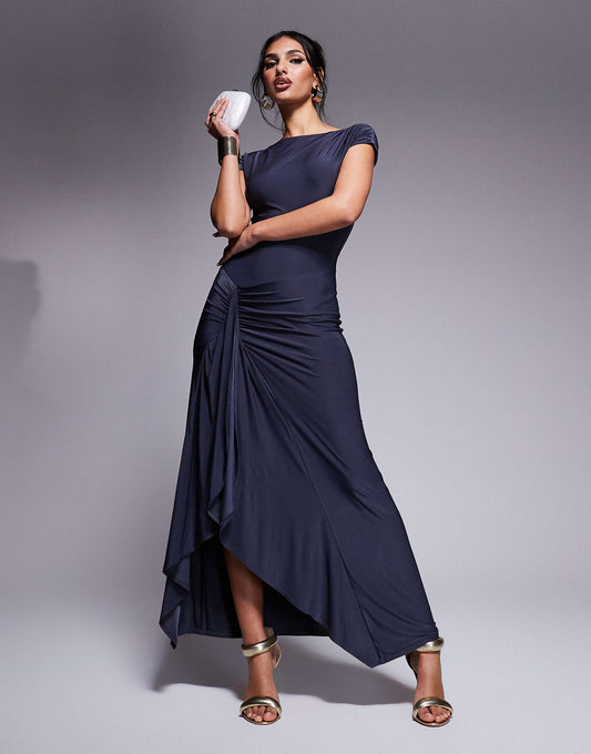 Kaiia exclusive slinky cap sleeve side split drape detail maxi dress in charcoal