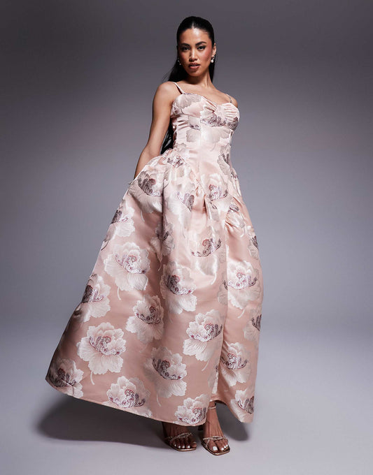 ASOS LUXE jacquard maxi dress with drop waist in champagne floral