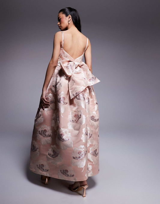 ASOS LUXE jacquard maxi dress with drop waist in champagne floral