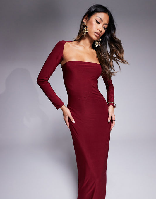 Kaiia exclusive slinky bandeau maxi dress with long sleeve shrug in burgundy