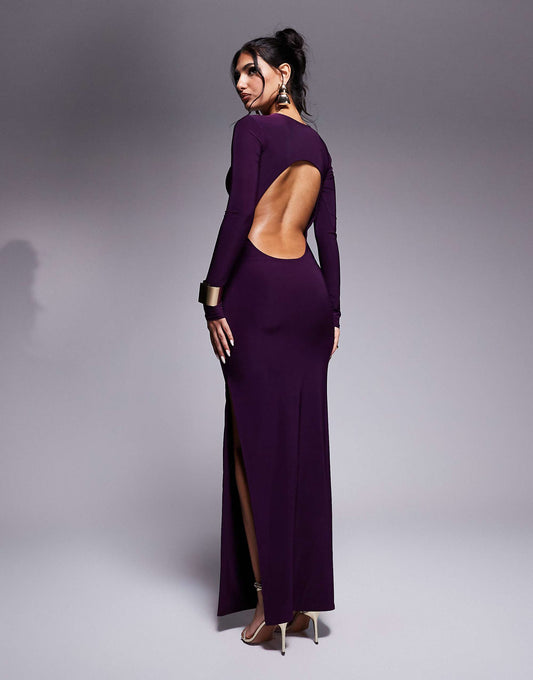 Kaiia exclusive slinky long sleeve open back side split maxi dress in purple