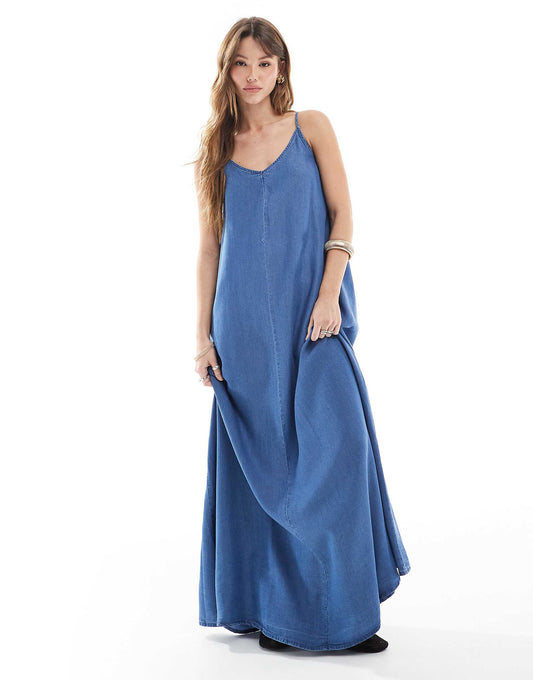 ONLY denim maxi dress in mid blue