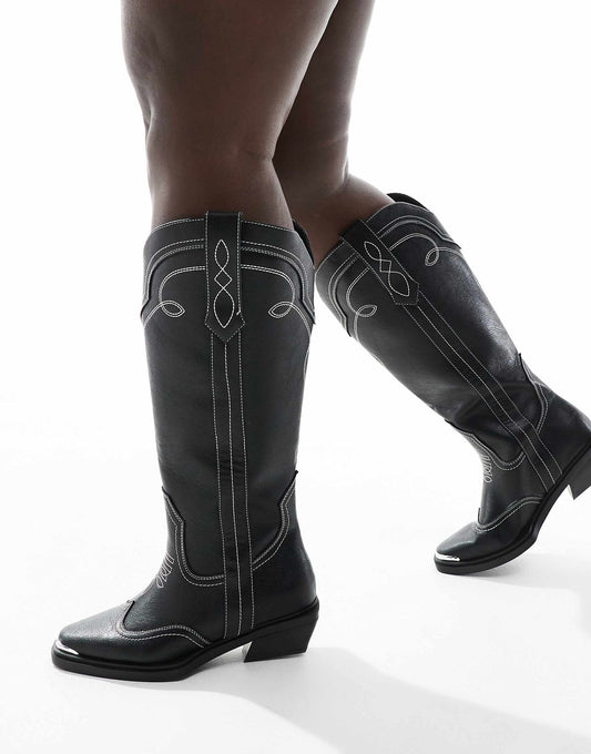 ASOS DESIGN Curve Celeste flat western knee boots in black with stitching