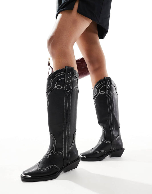 ASOS DESIGN Wide Fit Celeste flat western knee boots in black with stitching