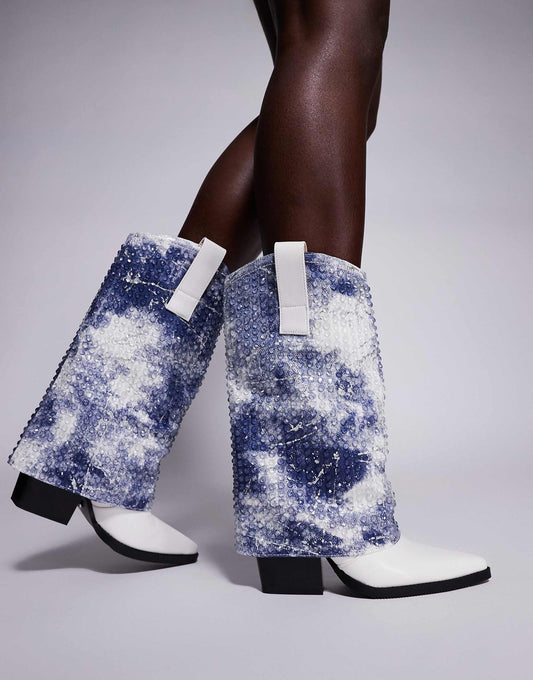 Azalea Wang Hartley embellished foldover western boots in white