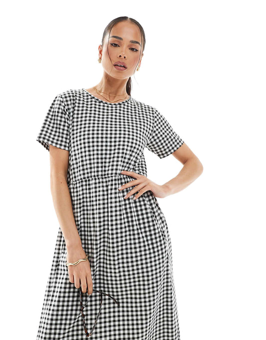 Threadbare short sleeve jersey midi dress with pockets in black and white gingham