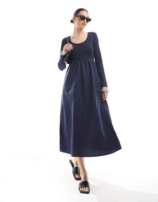 Threadbare long sleeve jersey poplin mix midi dress in navy