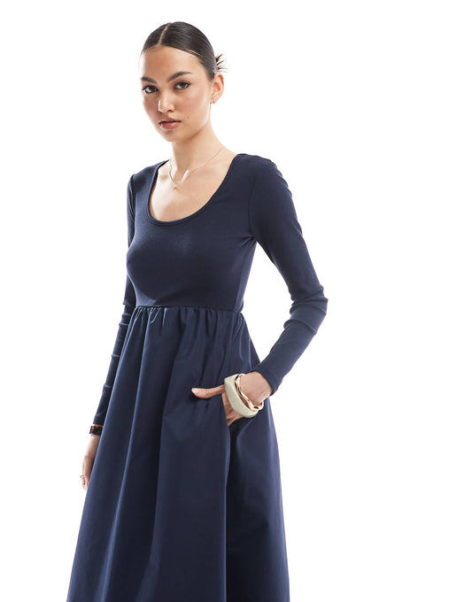 Threadbare long sleeve jersey poplin mix midi dress in navy