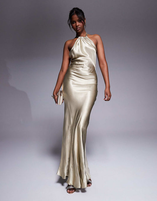 River island halterneck slip maxi dress in gold