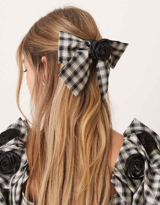 Dream Sister Jane check print hair bow co-ord in black and white