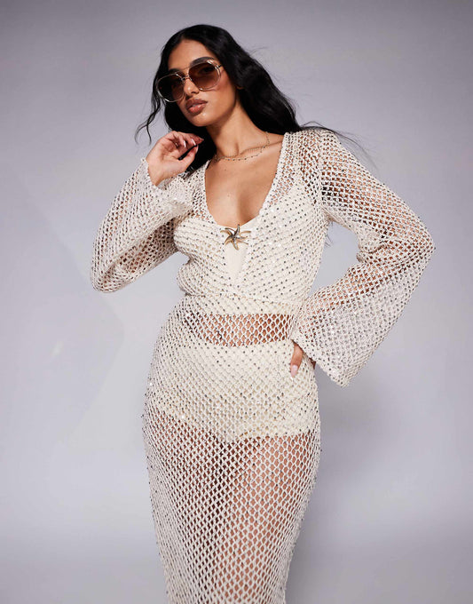 South Beach silver sequin maxi beach dress in cream