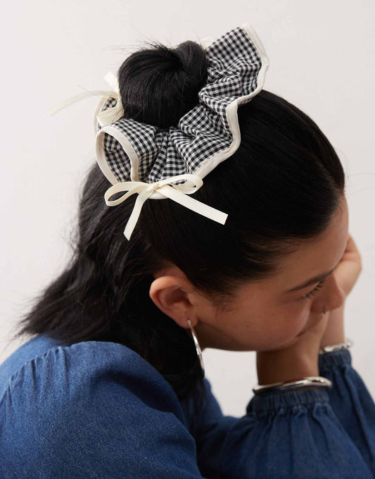 Reclaimed Vintage hair scrunchie with bows in blue gingham