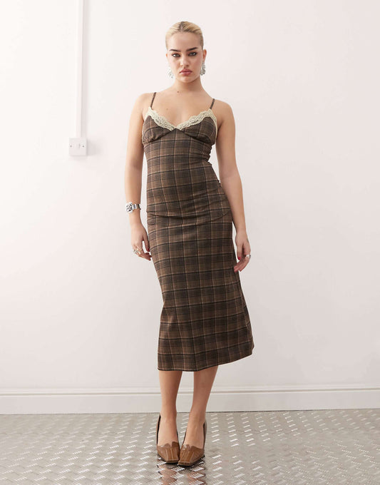 Motel delfina lace edge check midaxi dress in brown