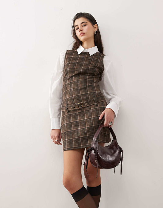 Motel dilshan belted check mini dress in brown