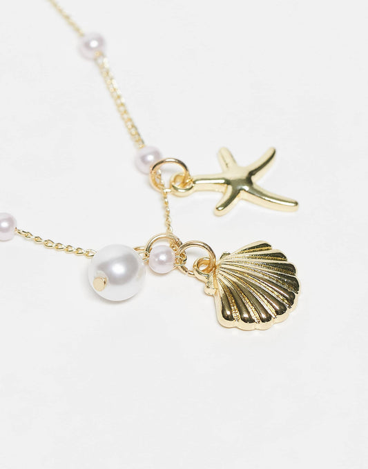 Kaiia 2 pack shell pearl detail necklaces in gold