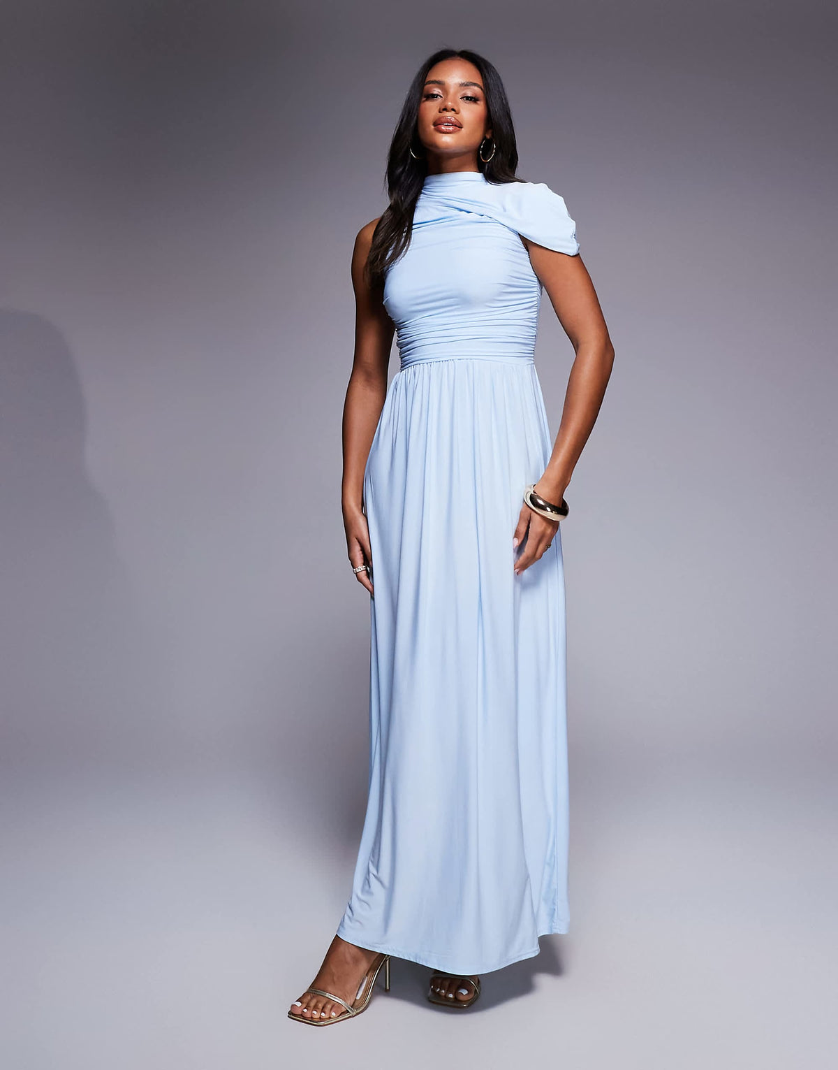 Kaiia exclusive slinky asymmetrical drape maxi dress in dusty blue