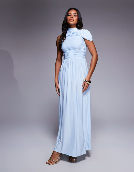 Kaiia exclusive slinky asymmetrical drape maxi dress in dusty blue
