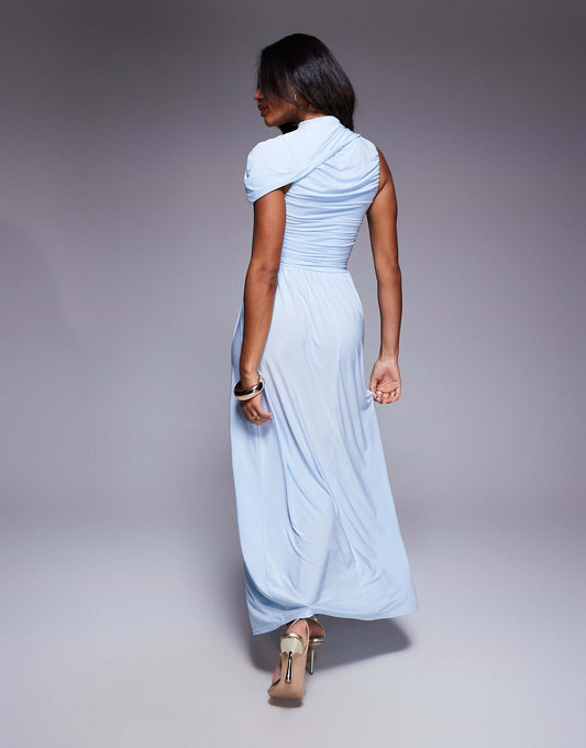 Kaiia exclusive slinky asymmetrical drape maxi dress in dusty blue