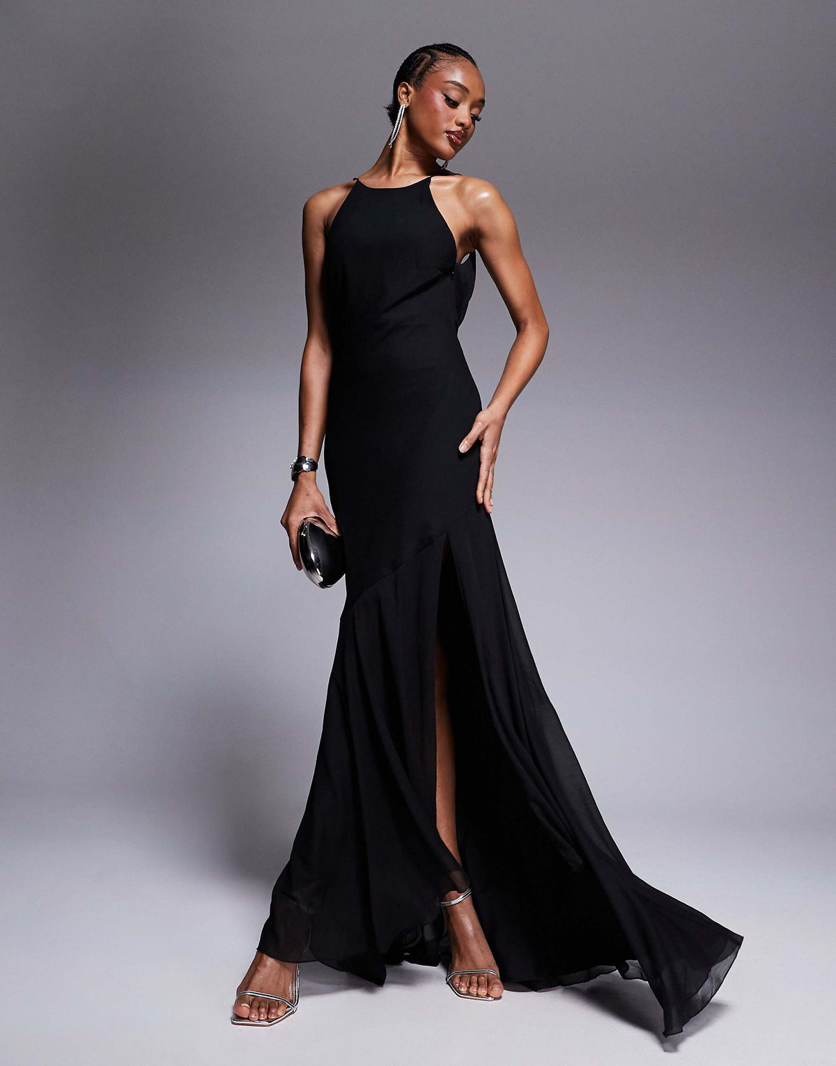 ASOS DESIGN Tall racer neck low cowl back maxi dress with high low frill hem in black