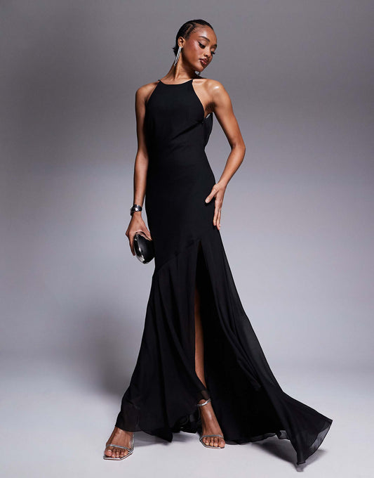 ASOS DESIGN Tall racer neck low cowl back maxi dress with high low frill hem in black