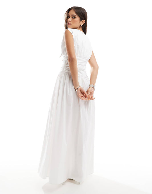 4th & Reckless poplin dropped waist drape detail maxi dress in white