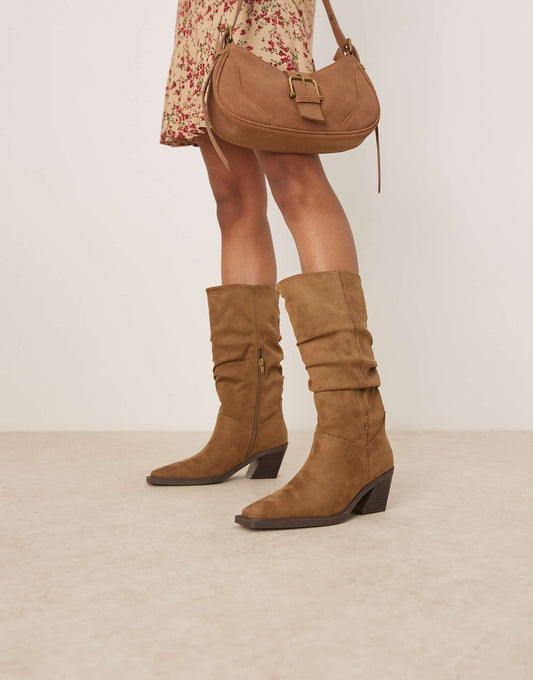 ASOS DESIGN Chosen slouchy western knee boots in taupe suedette