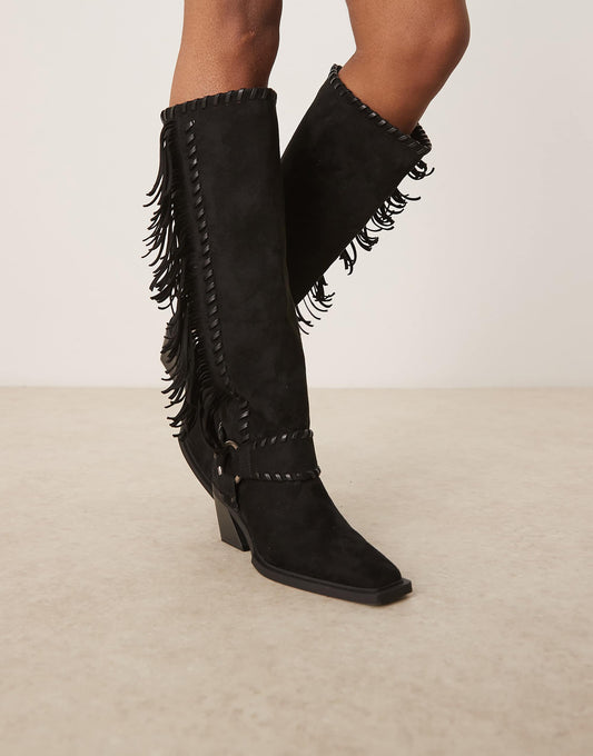 ASOS DESIGN Cristina western fringe knee boots in black