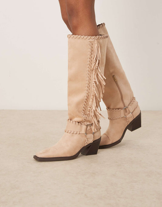 ASOS DESIGN Cristina western fringe knee boots in beige