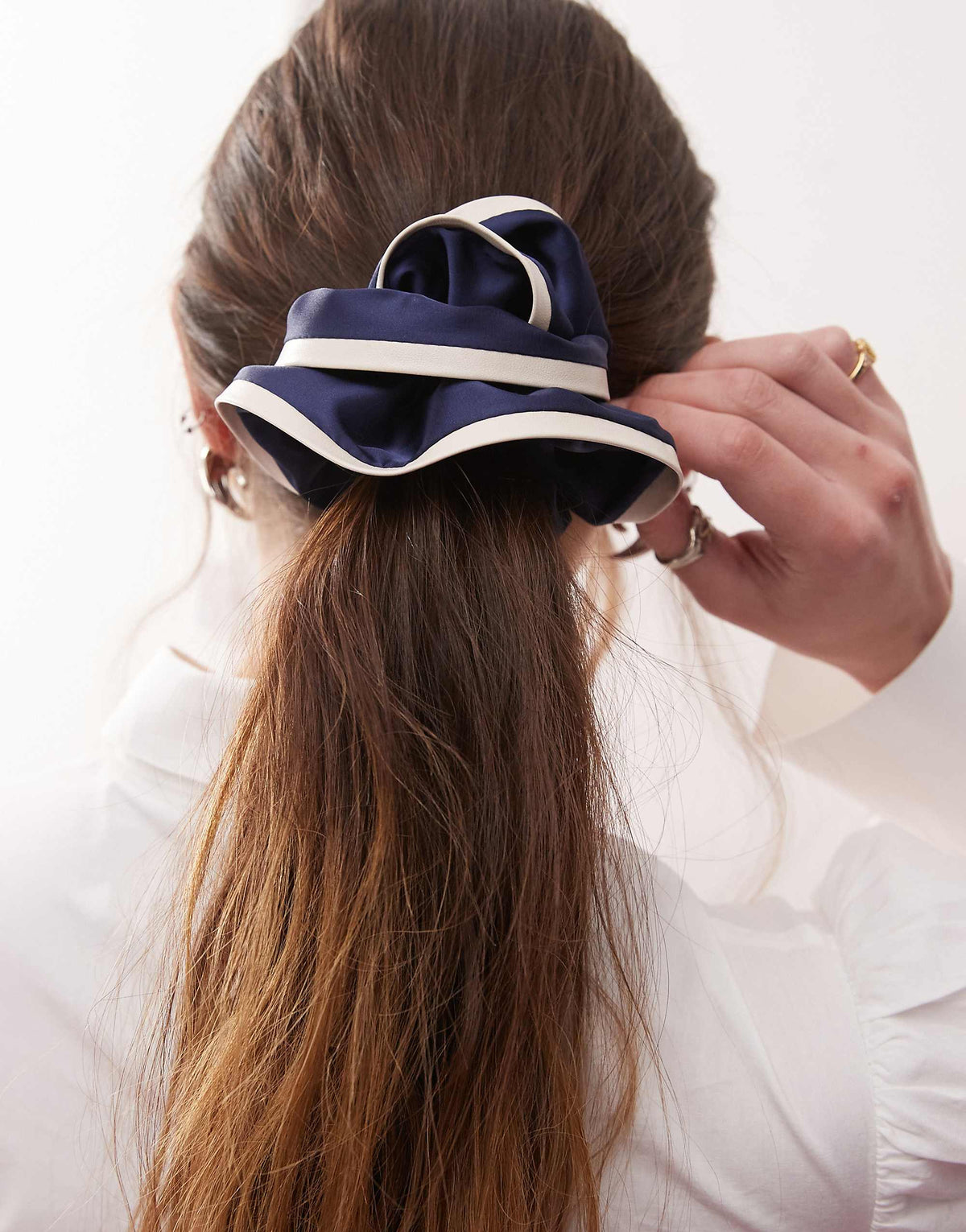 Reclaimed Vintage satin scrunchie with contrast trim in navy