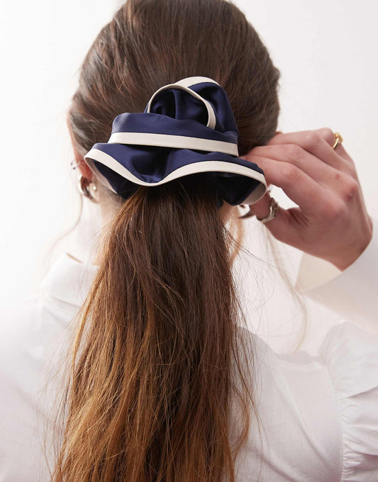 Reclaimed Vintage satin scrunchie with contrast trim in navy