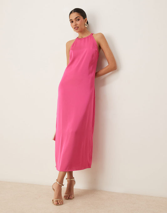 Vila satin high neck maxi dress in raspberry pink