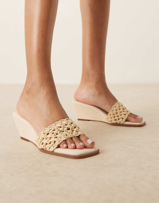 ASOS DESIGN Twix weave detail demi wedge mules in stone