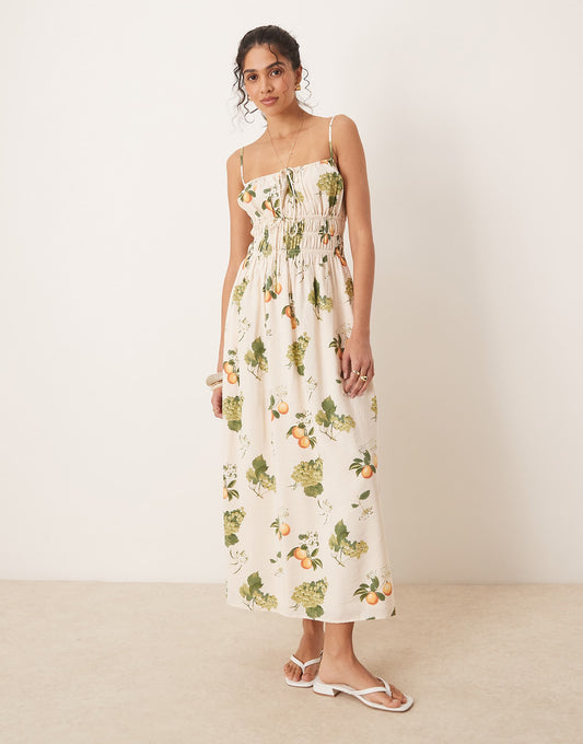 Abercrombie & Fitch soft neck spaghetti strap flowy maxi dress in fruit print