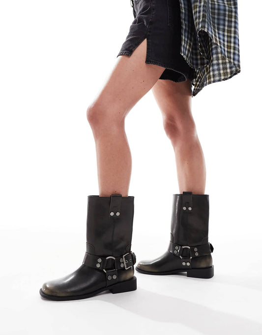 ASOS DESIGN Wide Fit Arley burnished flat biker boot in brown