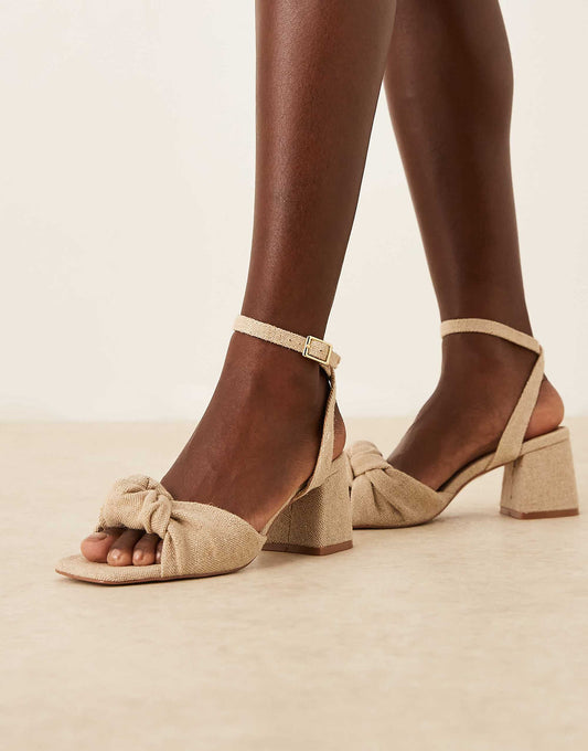 ASOS DESIGN Wide Fit Hansel knotted mid heeled sandals in Natural Fabrication