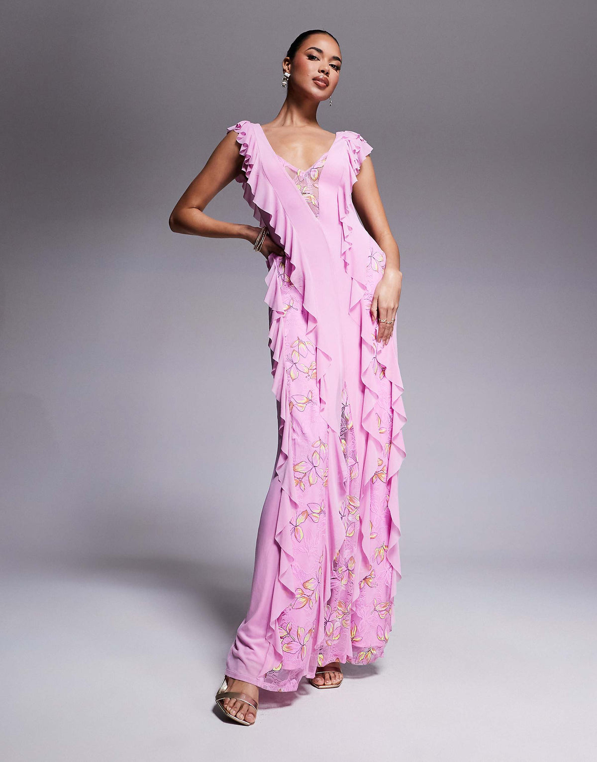 AFRM Trista mesh ruffle maxi dress with lace panels in lilac