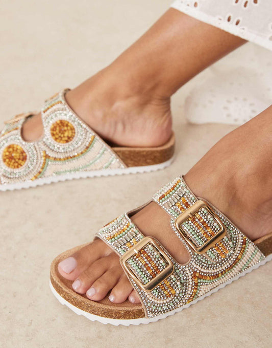 ASOS DESIGN Wide Fit Funky beaded double strap flat sandal in gold