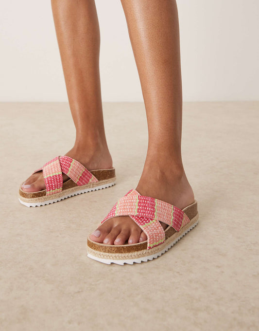 ASOS DESIGN Wide Fit Jessica cross strap espadrille mule sandal in pink raffia